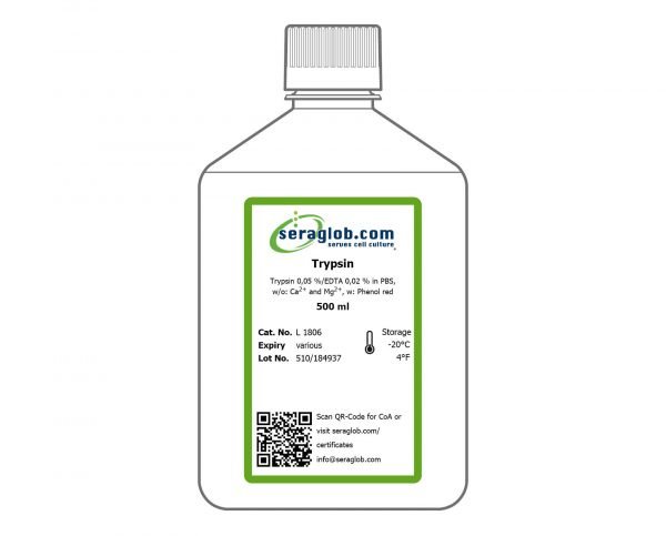 Trypsin 0,05 %/EDTA 0,02 % in PBS, w/o: Ca2+ and Mg2+, w: Phenol red, 500 ml