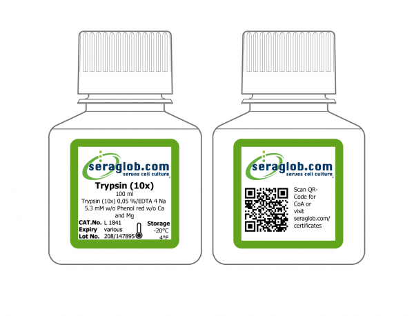 Trypsin (10x) 0,05 %/EDTA 4 Na 5.3 mM w/o Phenol red w/o Ca and Mg, 100 ml