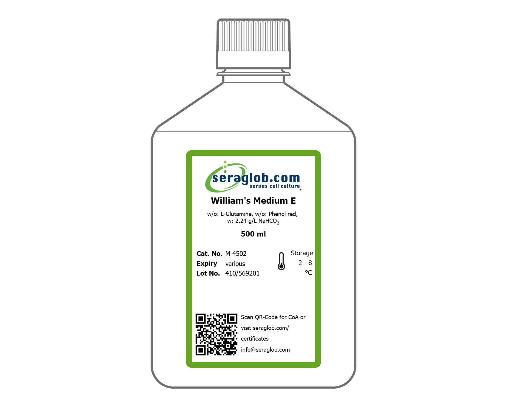 William's Medium E, w/o: L-Glutamine, w/o: Phenol red, w: 2,24 g/l NaHCO3, 500 ml